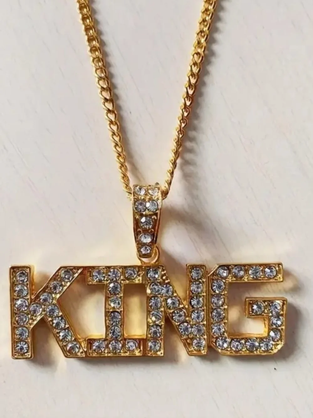 Gold 'KING' Pendant Necklace with Rhinestones